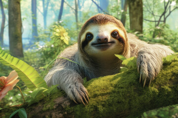 Naklejka premium Sloth in a summer forest, Generative AI