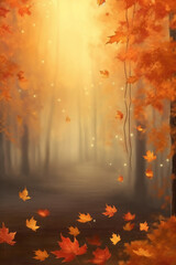 Naklejka na ściany i meble Autumn leaves falling on misty background, warm glow. AI generative