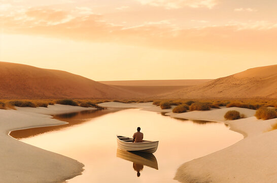 a man is in a boat in the middle of a desert