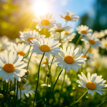 Daisies on a Green Field with Sunlight. By AI