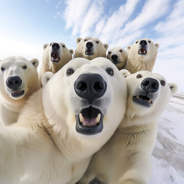 Many Polar Bears take Photo Group. By AI