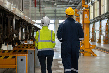 Two professional engineers checkmechanical check undercarriage of lifted electric train and maintenance of public transport trains in Asia