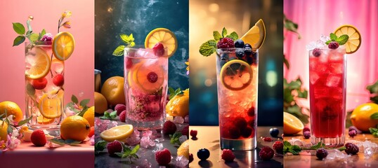  dreamy  vertical background collection set, a glass of cocktail with fresh fruit, Generative Ai