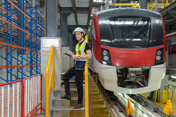 Portrait of Engineer train Inspect the Railway Electrification System track in depot of train