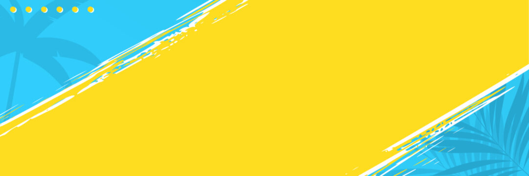 yellow and blue abstract grunge banner design with illustration of palm leaf and coconut tree. banner design for summer activities and promotions