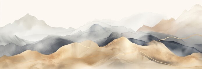 Soft pastel color watercolor abstract brush painting art of beautiful mountains, mountain peak minimalism landscape with golden lines, panorama banner illustration, white background (Generative Ai)