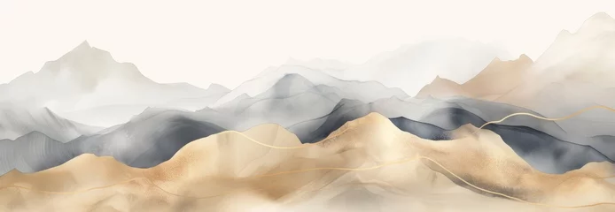 Foto op Plexiglas Soft pastel color watercolor abstract brush painting art of beautiful mountains, mountain peak minimalism landscape with golden lines, panorama banner illustration, white background (Generative Ai) © Corri Seizinger