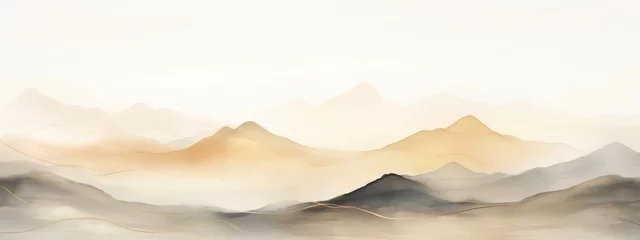 Fotobehang Soft pastel color watercolor abstract brush painting art of beautiful mountains, mountain peak minimalism landscape with golden lines, panorama banner illustration, white background (Generative Ai) © Corri Seizinger