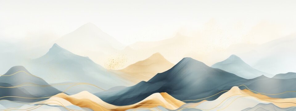 Soft pastel color watercolor abstract brush painting art of beautiful mountains, mountain peak minimalism landscape with golden lines, panorama banner illustration, white background (Generative Ai)