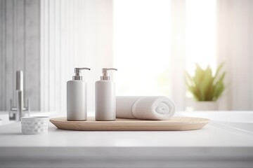 Blank toiletries display placed on countertop