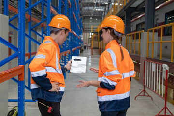 Two engineers check the spare parts list from drawing, tablet and maintenance of public transport trains in Asia