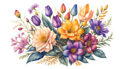 Fototapeta na wymiar Watercolor bouquet of flowers isolated on transparent background. Best details, can use for card invitation, banner, poster, presentation, printing and more