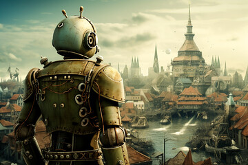 Steampunk Robot in a Steampunk Town. Generative AI.
A digital illustration of a steampunk robot looking over a steampunk town in the background.
