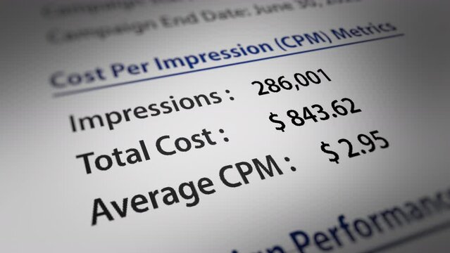 Animated Advertising Campaign Report with a Focus on Cost per impression (CPM) Number. Fictitious Data Created Exclusively for This Concept Footage
