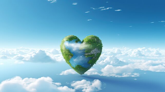 environment preservation and Earth Day concept, heart shape planet earth in sky, Generative Ai
