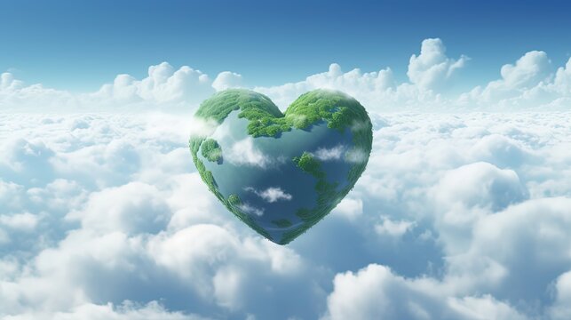 environment preservation and Earth Day concept, heart shape planet earth in sky, Generative Ai