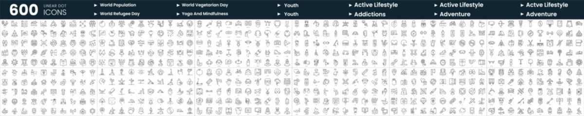 Set of 600 thin line icons. In this bundle include world population, world vegetarian day, youth, actve lifestyle and more