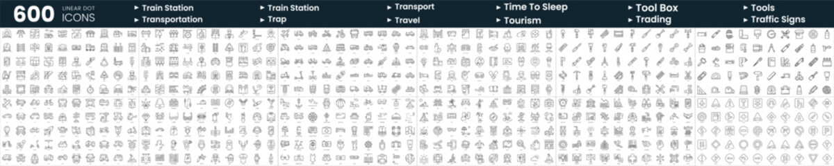 Set of 600 thin line icons. In this bundle include time to sleep, tools, trading, train station and more