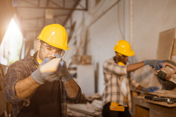 carpenter joiner worker men work in furniture factory, professional wood worker staff employee...