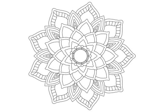 Mandala Drawing On A White Background, Ethnic Mandala Outline Hand Drawn, Decorative Monochrome Ethnic Mandala Pattern  Islam, Arabic, Indian, Morocca.