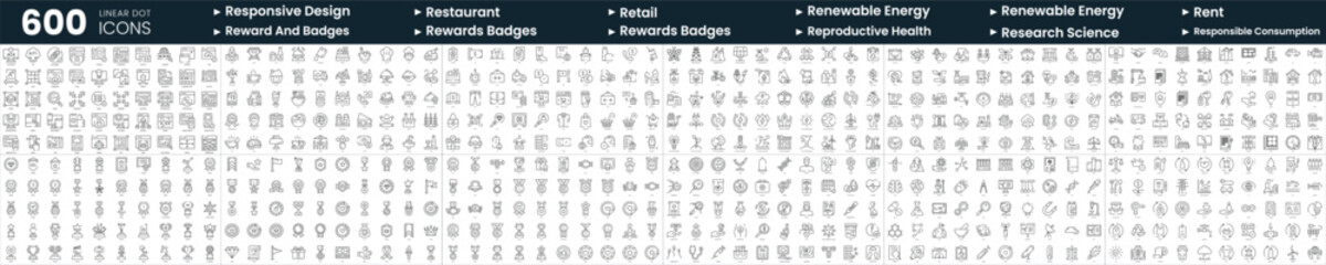 Set of 600 thin line icons. In this bundle include renewable energy, reproductive health, responsible consumption, restaurant and more