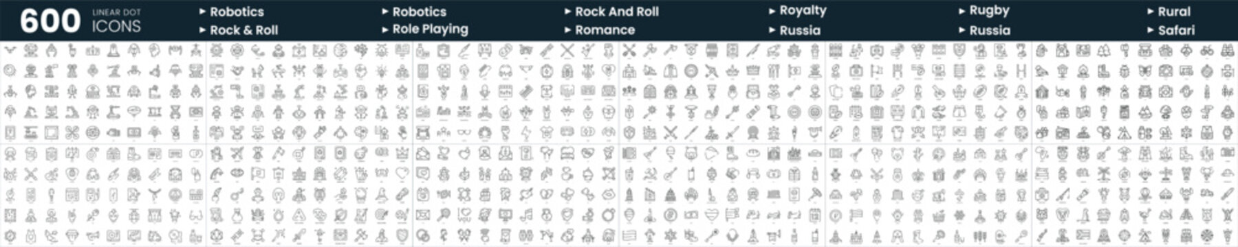 Set of 600 thin line icons. In this bundle include robotics, rock n roll, romance, rugby and more