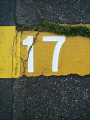 アスファルトの上の小さな雑草とひび割れた黄色いラインと白い " 17 "。縦位置 クローズアップ