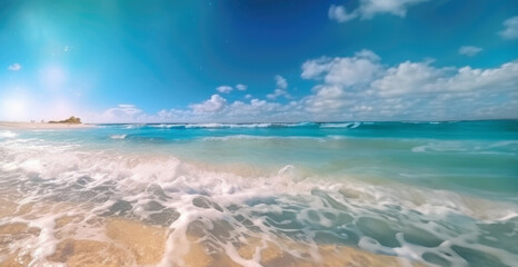 Sunny tbeach with palm trees and turquoise water, caribbean island vacation, hot summer day
