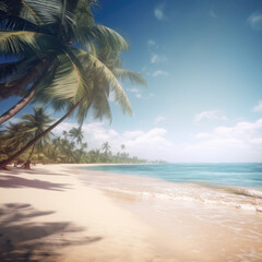 Obraz premium Sunny tbeach with palm trees and turquoise water, caribbean island vacation, hot summer day