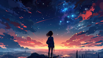 a majestic magical sunset artwork with an anime manga girl, ai generated image - obrazy, fototapety, plakaty