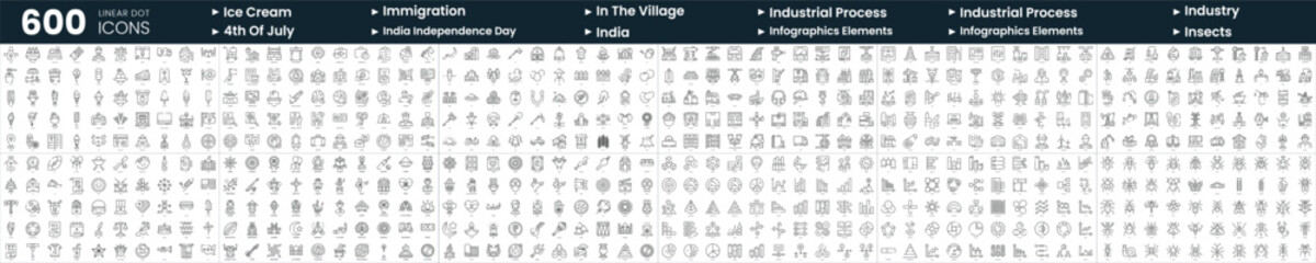 Obraz na płótnie Canvas Set of 600 thin line icons. In this bundle include ice cream shop, in the village, india, industrial process and more