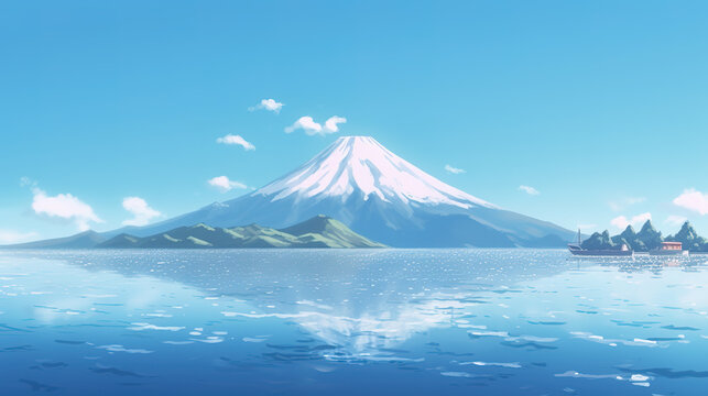 an illustration of the mount fuji from the ocean view, anime wallpaper, ai generated image