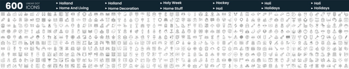 Set of 600 thin line icons. In this bundle include hockey, holidays, holy week, home decoration and more