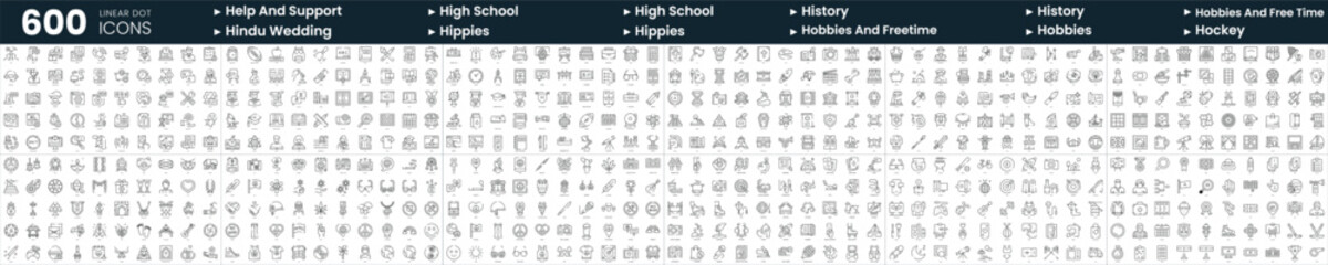 Set of 600 thin line icons. In this bundle include help and support, hindu wedding, history, hockey and more