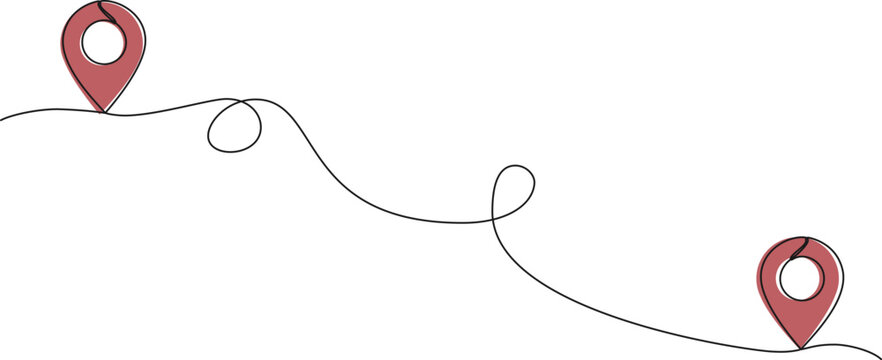 single line drawing of abstract travel route with location markers, map pins line art vector illustration