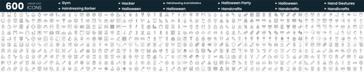 Set of 600 thin line icons. In this bundle include gym, hairdressing and esthetics, halloween, halloween sweets and candies and more