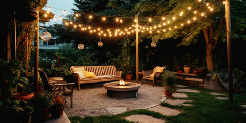 Cosy outdoor patio with a fire pit  in the backyard 