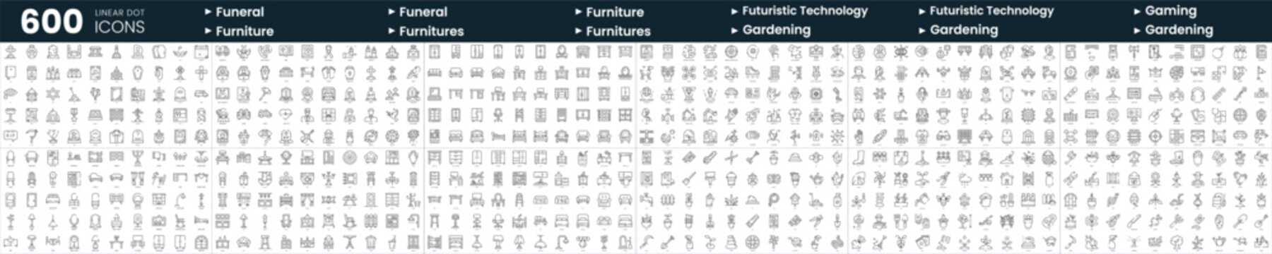 Set of 600 thin line icons. In this bundle include funeral, futuristic technology, gardening and more