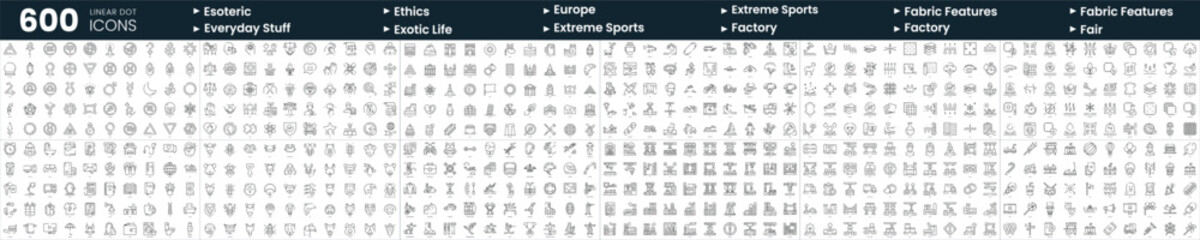 Set of 600 thin line icons. In this bundle include esoteric, europe, exotic life, extreme sports and more