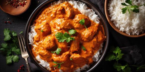 Tikka masala curry with tandoori chicken in a plate, with rice on a dark background. - obrazy, fototapety, plakaty