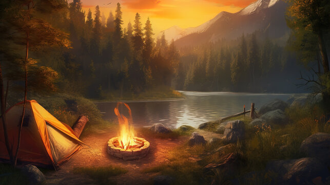 a campfire concept artwork, wallpaper style, ai generated image