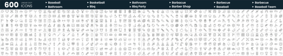 Set of 600 thin line icons. In this bundle include barbecue, baseball, baseball, bathroom and more