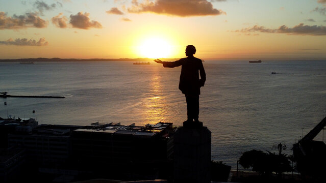 salvador, bahia, brazil &ndash; june 23, 2023: view of the statue of the poet Castro Alves during the sunset in Ba&iacute;a de Todos os Santos in the city of Salvador.