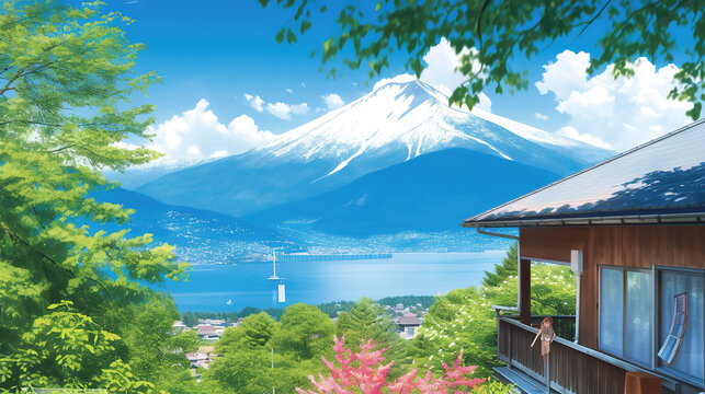 a calm relaxing fresh illustration of the mountain fuji, ai generated image