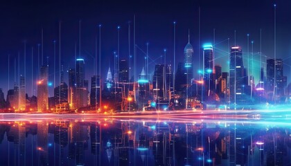 Generative AI illustration of high-speed internet connection visualized.Telecommunication network above city, wireless mobile internet technology for smart grid or 5G LTE data connection