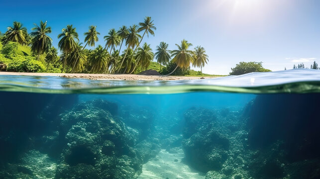 beautiful beach inspired wallpaper of half under water half on land, ai generated image