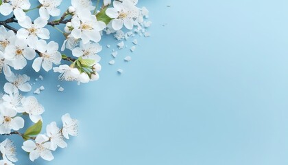 Generative AI illustration of many small beautiful pink white flower blossoms on blue pastel background with copy space