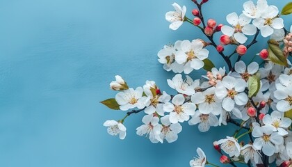 Generative AI illustration of many small beautiful pink white flower blossoms on blue pastel background with copy space