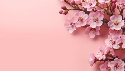 Generative AI illustration of many small beautiful pink flower blossoms on pink pastel background with copy space