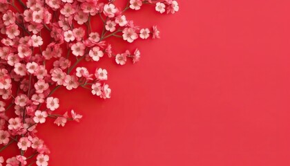 Generative AI illustration of many small beautiful pink flower blossoms on red pastel background with copy space